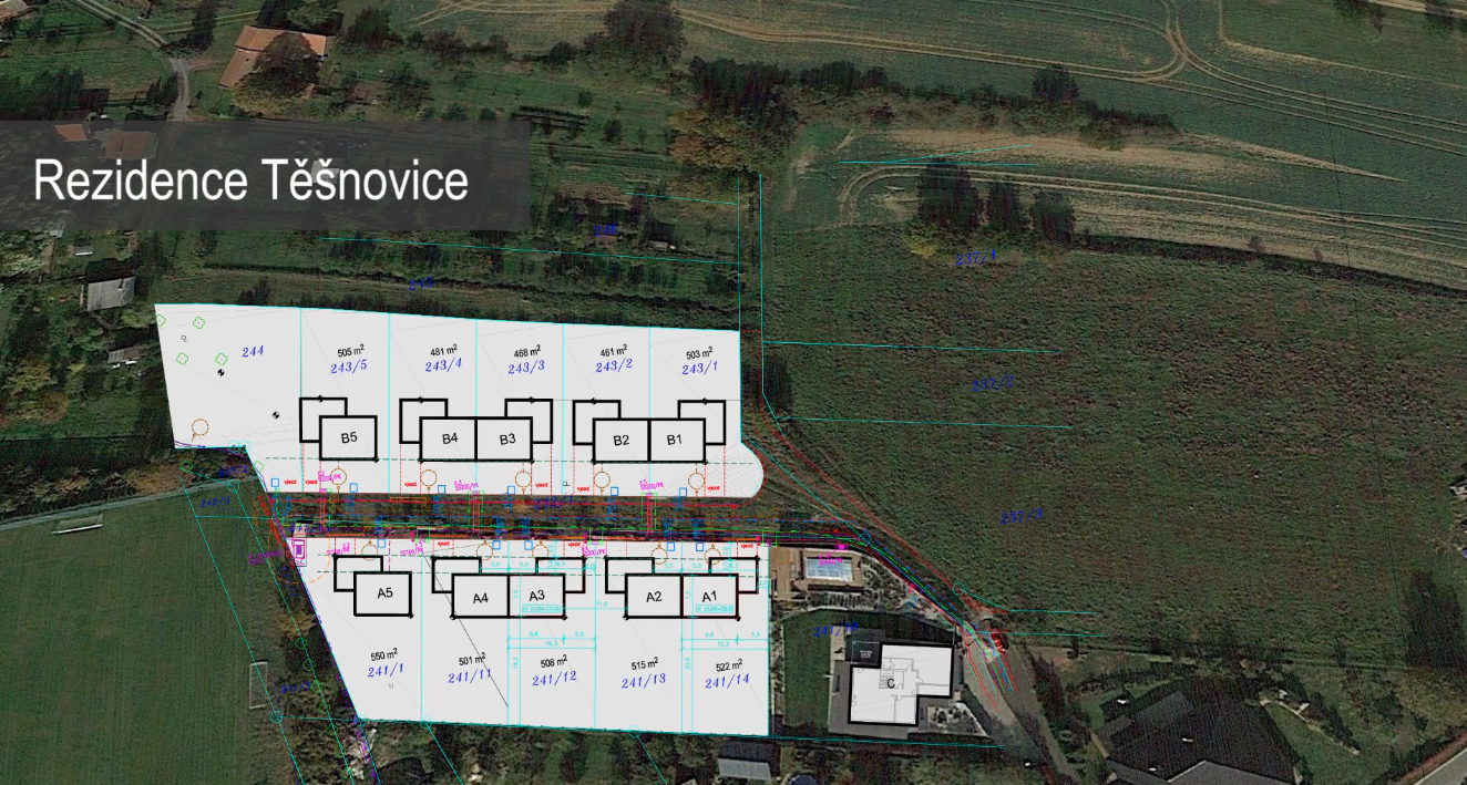 Situační plán Rezidence Těšnovice — letecký pohled s vyznačením domů A1–A5 a B1–B5